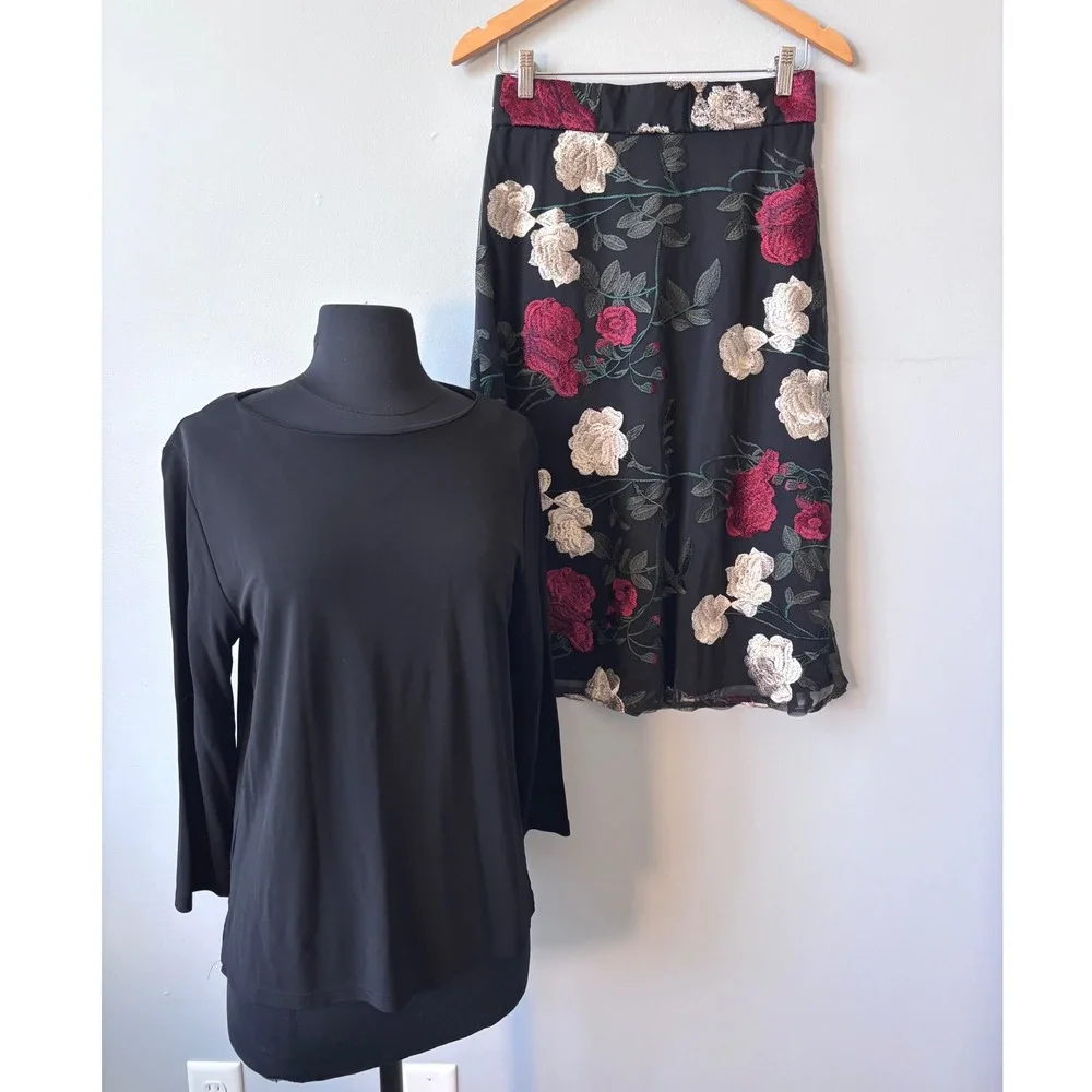 Ralph Lauren‎ top with matching ECI Floral Embroidered Skirt Black Red Roses set